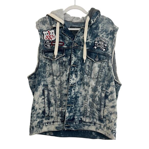 Vintage Y2K ECKO Men's size XXL Acid Wash Distressed Hooded Denim Jean Vest - Picture 1 of 5